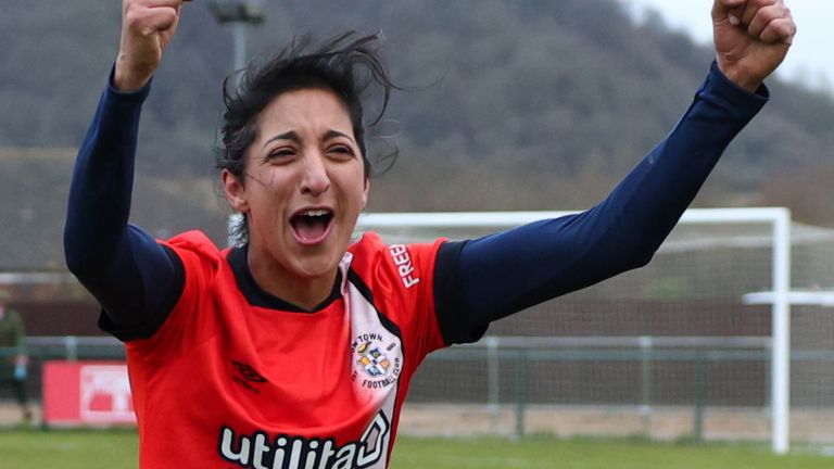 Sam Khan celebrates after her goal earned Luton Town Ladies a place in the Women's FA Cup fourth round