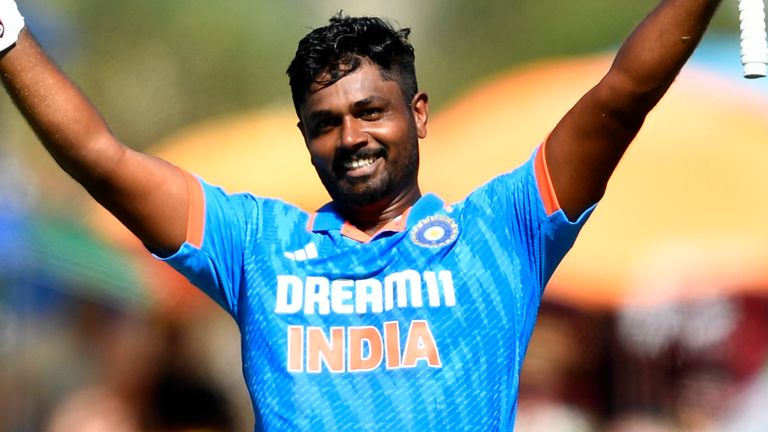 India's Sanju Samson celebrates ODI century vs South Africa in Paarl (Getty Images)