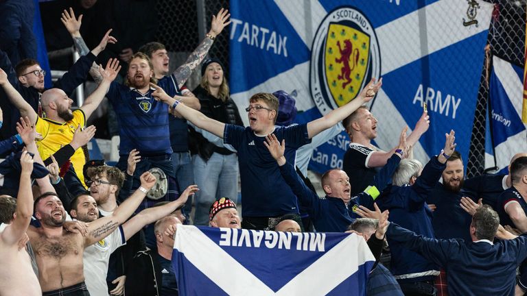 TBILISI, GEORGIA - NOVEMBER 16: Scotland fans celebrate at full time during a UEFA Euro 2024 Qualifier between Georgia and Scotland at the Boris Paichadze Dinamo Arena, on November 16, 2023, in Tbilisi, Georgia. (Photo by Craig Williamson / SNS Group)