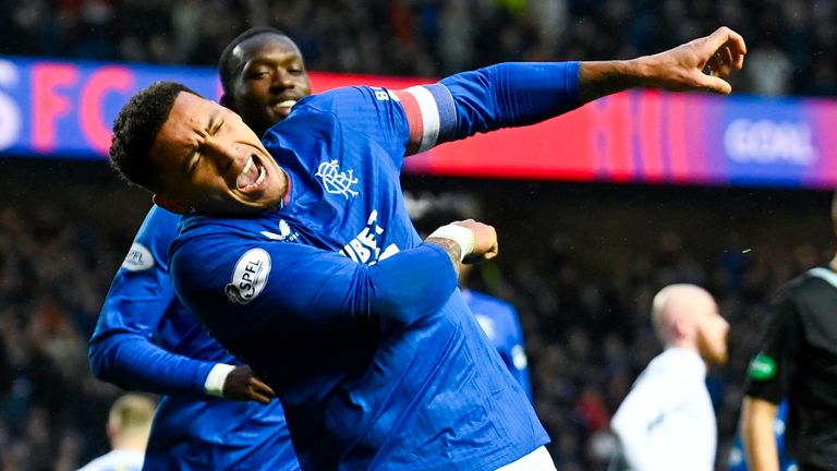James Tavernier celebrates after giving Rangers the lead against Dundee