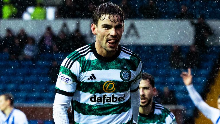 Matt O'Riley celebrates after giving Celtic a first-half lead at Kilmarnock