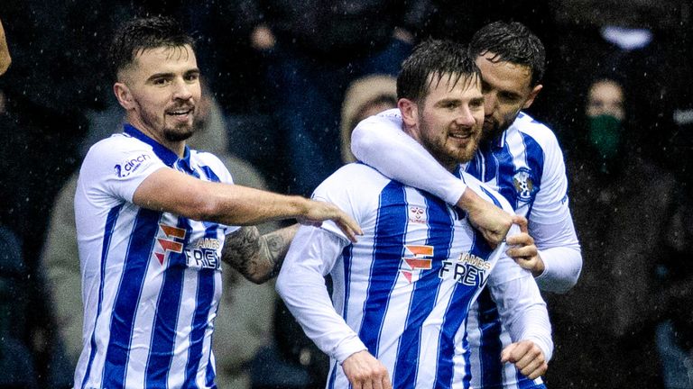 Matty Kennedy celebrates after scoring a late goal to give Kilmarnock a 2-1 lead against Celtic