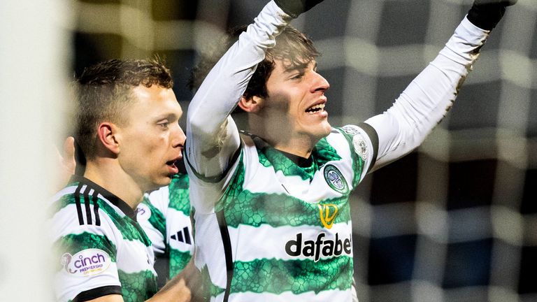 Paulo Bernardo celebrates after giving Celtic a second-half lead at Dundee