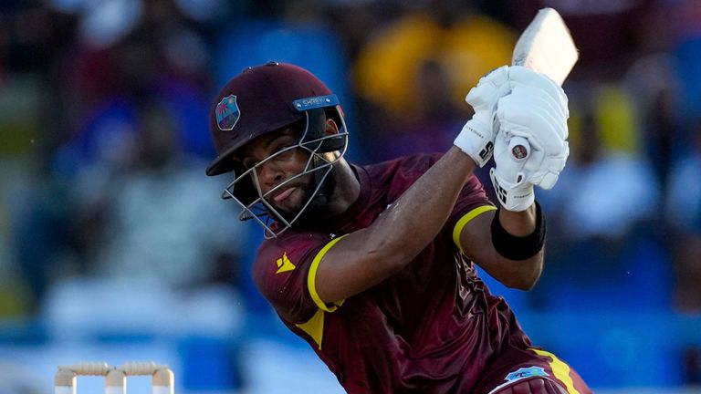West Indies&#39; captain Shai Hope hits a four against England during the first ODI cricket match at Sir Vivian Richards Stadium in North Sound, Antigua and Barbuda, Sunday, Dec. 3, 2023. (AP Photo/Ricardo Mazalan)