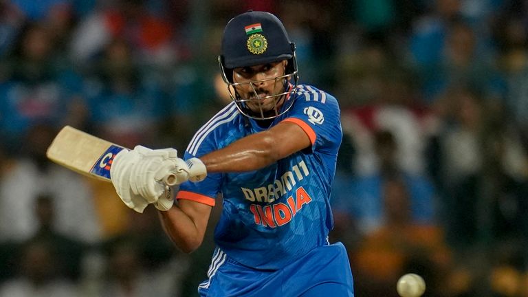 India's Shreyas Iyer plays a shot during the fifth T20 cricket match between India and Australia in Bengaluru, India, Sunday, Dec. 3, 2023. (AP Photo/Aijaz Rahi)