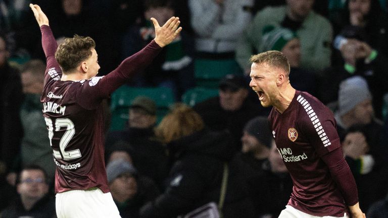 Stephen Kingsley celebrates after scoring to make it 2-0 to Hearts