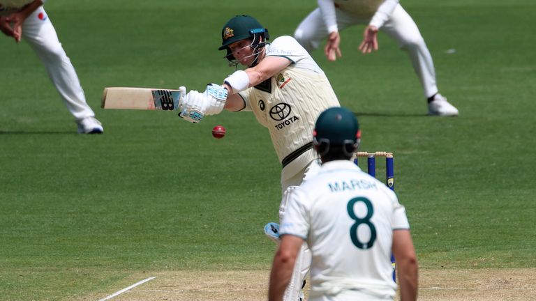 Australia's Steve Smith, second left, bats against Pakistan during the third day of their cricket test match in Melbourne, Thursday, Dec. 28, 2023. (AP Photo/Asanka Brendon Ratnayake)