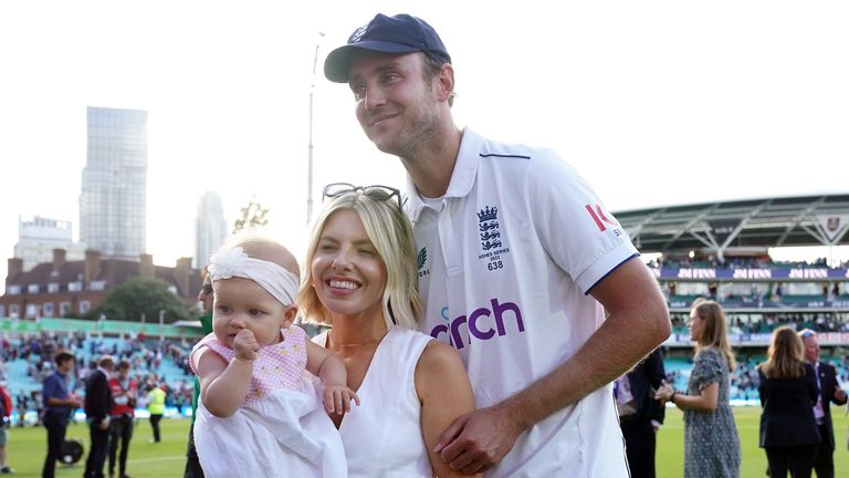 Stuart Broad and partner Mollie King with their daughter Annabella on the last day of his cricket career at The Oval