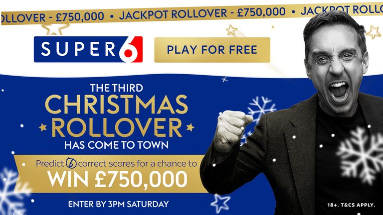 Super 6 Christmas Rollover มีมูลค่าถึง 750,000 ปอนด์!  เล่นฟรี เข้าชมภายใน 15.00 น. วันเสาร์