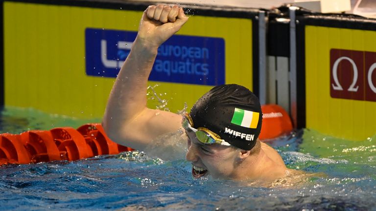 Ireland's Daniel Wiffen celebrates after winning the Men's 800m Freestyle final at the LEN European Short Course Swimming Championships in Otopeni, Romania