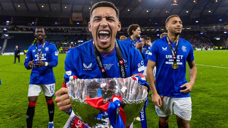 GLASGOW, SCOTLAND - DECEMBER 17: Rangers' James Tavernier with the Viaplay Cup 2023/24 during the Viaplay Cup Final match between Rangers and Aberdeen at Hampden Park, on December 17, 2023, in Glasgow, Scotland.  (Photo by Craig Williamson / SNS Group)