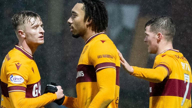 MOTHERWELL, SCOTLAND - DECEMBER 30: Motherwell&#39;s Theo Bair (C) celebrates scoring to make it 3-1 with his teammates during a cinch Premiership match between Motherwell and Livingston at Fir Park, on December 30, 2023, in Motherwell, Scotland. (Photo by Paul Devlin / SNS Group)