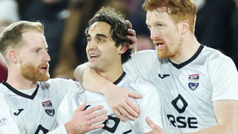 EDINBURGH, SCOTLAND - DECEMBER 30: Ross County&#39;s Yan Dhanda celebrates with teammates after making it 2-0 during a cinch Premiership match between Heart of Midlothian and Ross County at Tynecastle Park, on December 30, 2023, in Edinburgh, Scotland. (Photo by Roddy Scott / SNS Group)