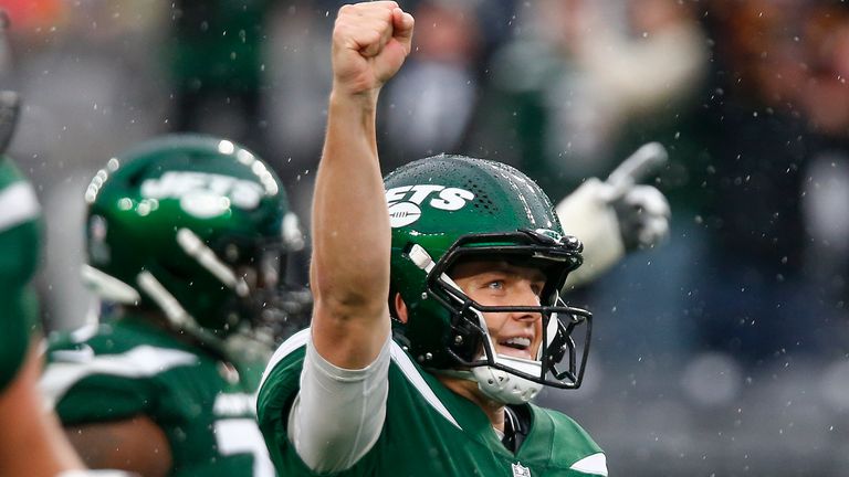 New York Jets quarterback Zach Wilson (2) celebrates after a touchdown against the Houston Texans during the second half of an NFL football game, Sunday, Dec. 10, 2023, in East Rutherford, N.J. (AP Photo/John Munson)