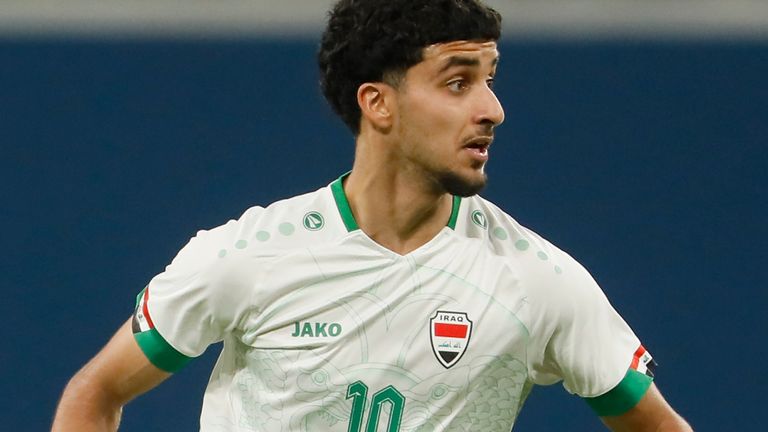Zidane Iqbal (C) of Iraq in action during the international friendly match between Russia and Iraq on March 26, 2022 at Gazprom Arena in Saint Petersburg, Russia. (Photo by Mike Kireev/NurPhoto via Getty Images)
