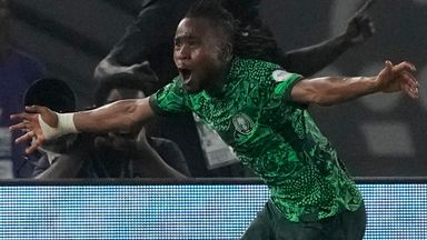 Nigeria's Ademola Lookman celebrates after scoring his side's second goal during the African Cup of Nations Round of 16 soccer match against Cameroon (AP Photo/Sunday Alamba)