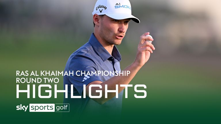 RAS AL KHAIMAH, UNITED ARAB EMIRATES - JANUARY 26: Rasmus Hojgaard of Denmark acknowledges the crowd on the 18th green on Day Two of the Ras Al Khaimah Championship at Al Hamra Golf Club on January 26, 2024 in Ras al Khaimah, United Arab Emirates. (Photo by Ross Kinnaird/Getty Images)
