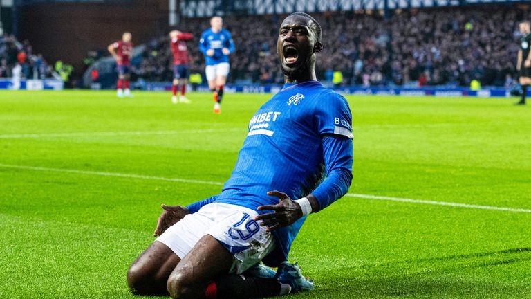 GLASGOW, SCOTLAND - JANUARY 02: Rangers' Abdallah Sima celebrates as he scores to make it 2-0 during a cinch Premiership match between Rangers and Kilmarnock at Ibrox Stadium, on  January 02, 2024, in Glasgow, Scotland. (Photo by Paul Devlin / SNS Group)