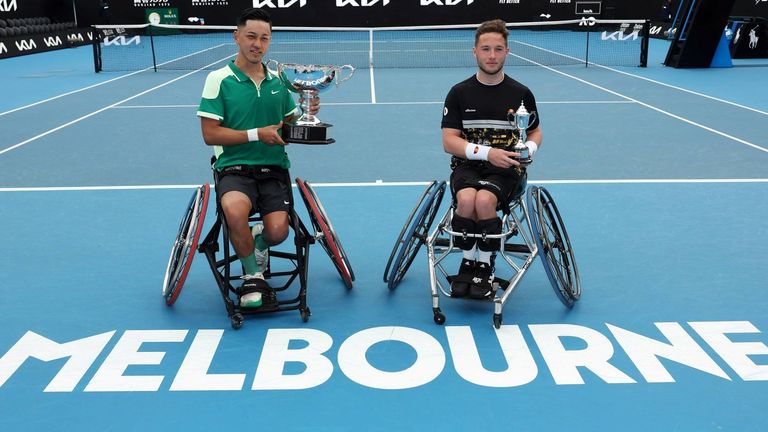 Alfie Hewett (right) ended a strong week at the Australian Open as runner-up in the wheelchair man’s singles to Japan’s Tokito Oda.