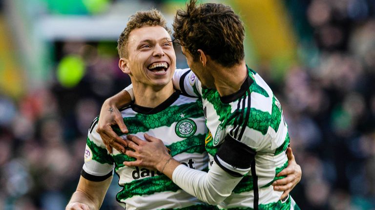 Celtic's Alistair Johnston celebrates as he scores to make it 1-0