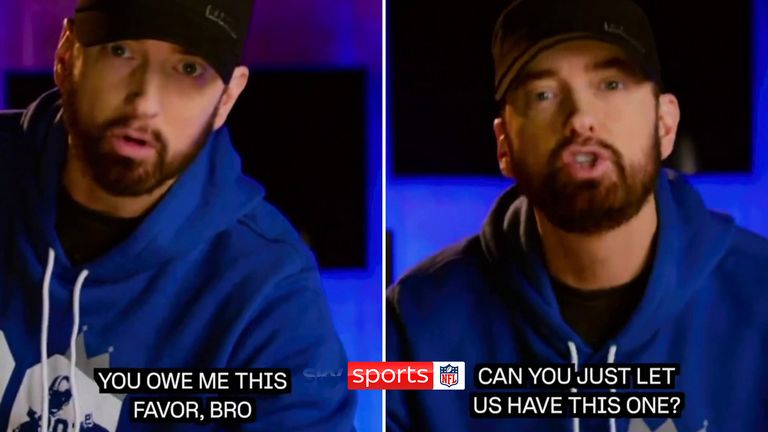 Eminem has pleaded with Los Angeles quarterback Matthew Stafford to go easy on his former team Detroit as the Rams travel to face the Lions in the NFL&#39;s Wild Card Round.