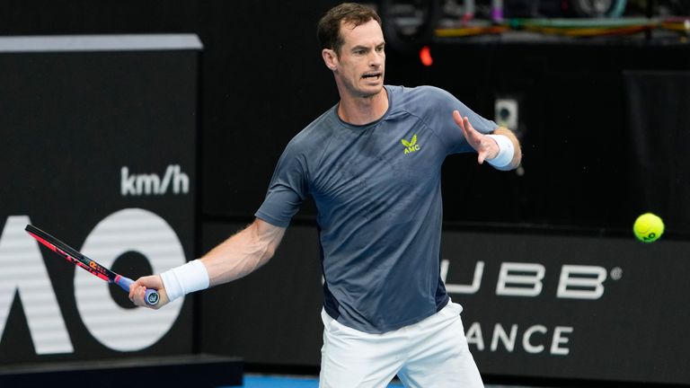 Britain's Andy Murray plays a forehand return during a practice session ahead of the Australian Open tennis championships at Melbourne Park, Melbourne, Australia, Saturday, Jan. 13, 2024. (AP Photo/Andy Wong)