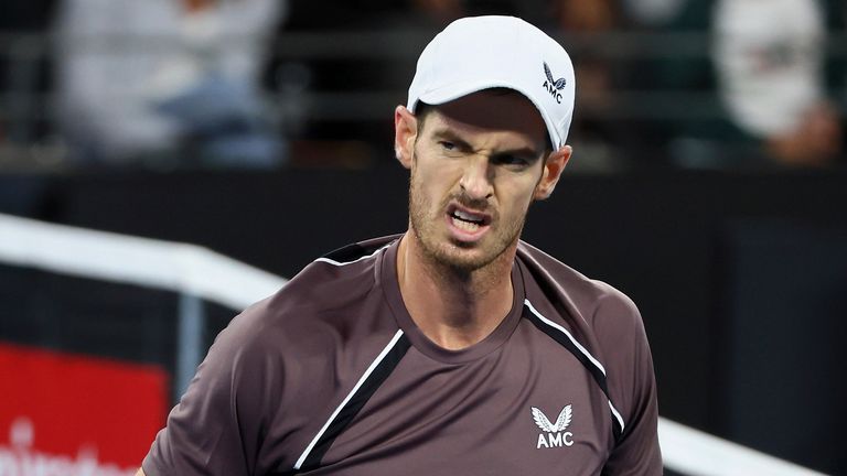 Andy Murray of Great Britain reacts after winning the first set in his match against Grigor Dimitrov of Bulgaria during the Brisbane International tennis tournament in Brisbane, Australia, Monday, Jan. 1, 2024. (AP Photo/Tertius Pickard)