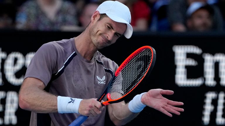 Andy Murray of Britain reacts during his first round match against Tomas Martin Etcheverry of Argentina at the Australian Open tennis championships at Melbourne Park, Melbourne, Australia, Monday, Jan. 15, 2024. (AP Photo/Andy Wong)