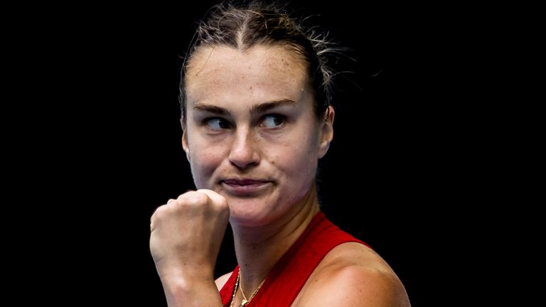 MELBOURNE, VIC - JANUARY 19: Aryna Sabalenka of Belarus celebrates during the 3rd round of the 2024 Australian Open on January 19 2024, at Melbourne Park in Melbourne, Australia. (Photo by Jason Heidrich/Icon Sportswire) (Icon Sportswire via AP Images)