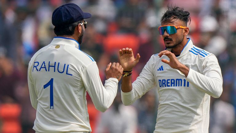 India's Axar Patel celebrates the wicket England's Jonny Bairstow