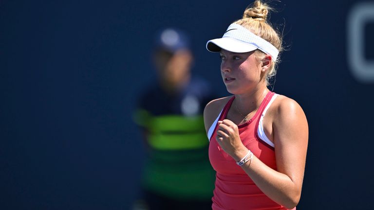 Brenda Fruhvirtova reacts during a women's qualifying singles match at the 2023 US Open, Wednesday, Aug. 23, 2023 in Flushing, NY. (Pete Staples/USTA via AP)
