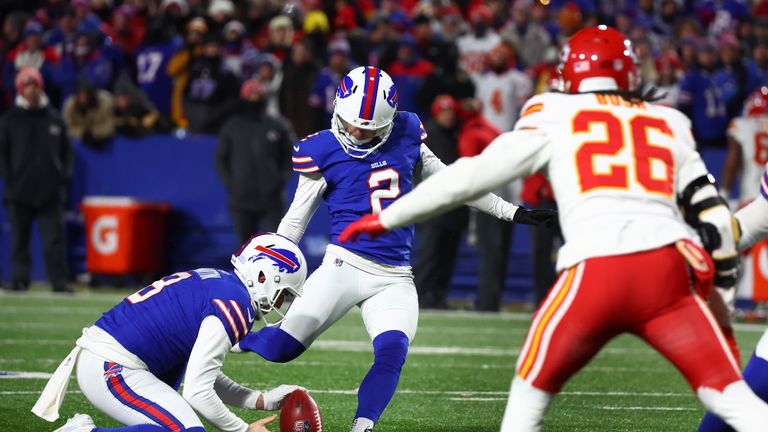 Buffalo Bills place kicker Tyler Bass (2) attempts a field goal against the Kansas City Chiefs during the fourth quarter of an NFL AFC division playoff football game, Sunday, Jan. 21, 2024, in Orchard Park, N.Y. Bass missed the field goal.(AP Photo/Jeffrey T. Barnes)


