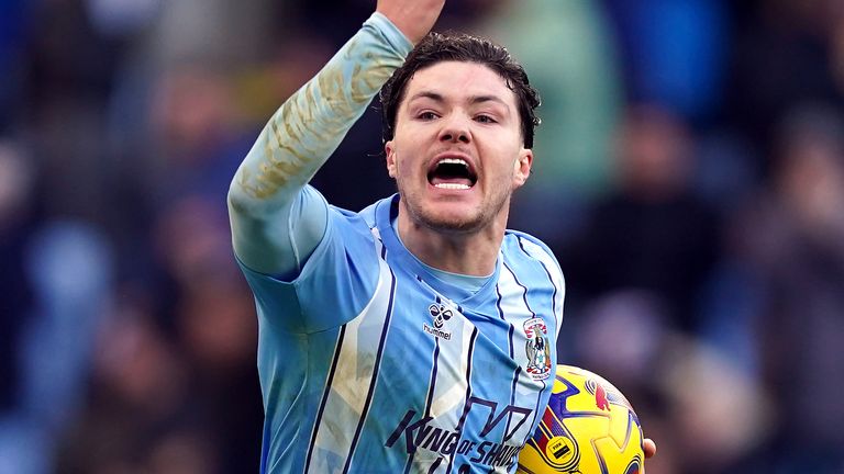 Coventry City's Callum O'Hare encourages the crowd after scoring their side's first goal of the game