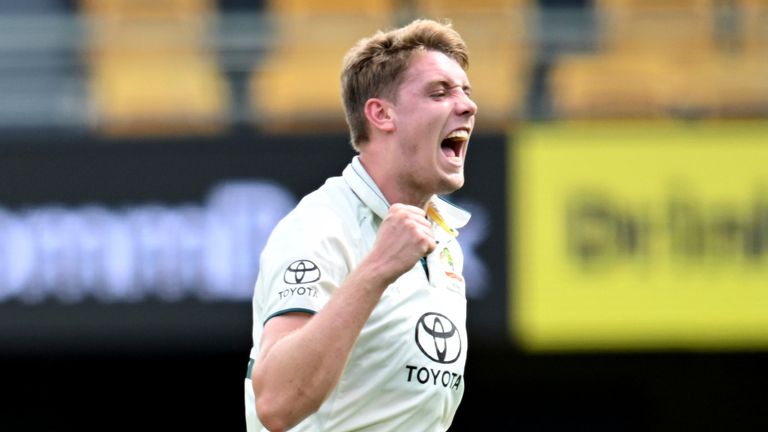 Australia's Cameron Green celebrates the wicket of West Indies' Kraigg Brathwaite