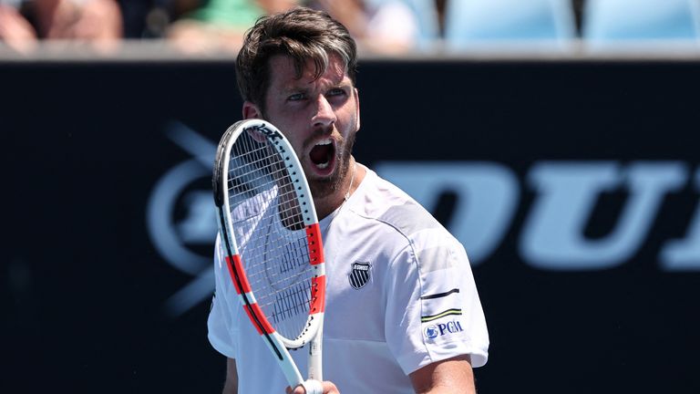 Britain&#39;s Cameron Norrie celebrates after victory against Peru&#39;s Juan Pablo Varillas during their men&#39;s singles match on day three of the Australian Open tennis tournament in Melbourne on January 16, 2024. (Photo by David GRAY / AFP) / -- IMAGE RESTRICTED TO EDITORIAL USE - STRICTLY NO COMMERCIAL USE --