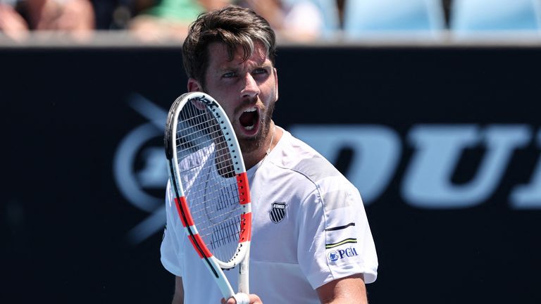 Britain's Cameron Norrie celebrates after victory against Peru's Juan Pablo Varillas during their men's singles match on day three of the Australian Open tennis tournament in Melbourne on January 16, 2024. (Photo by David GRAY / AFP) / -- IMAGE RESTRICTED TO EDITORIAL USE - STRICTLY NO COMMERCIAL USE --