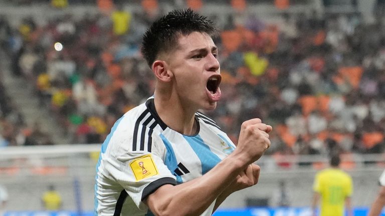 Argentina&#39;s Claudio Echeverri celebrates after scoring the second goal for his team during their FIFA U-17 World Cup quarterfinal soccer match against Brazil 