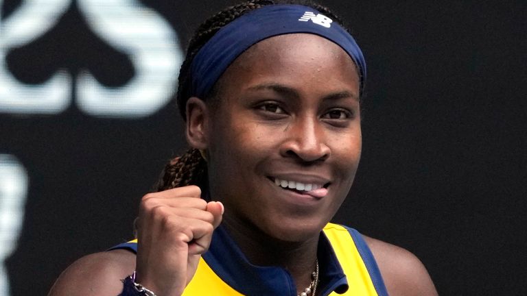 Coco Gauff of the U.S. celebrates after defeating compatriot Alycia Parks in their third round match at the Australian Open tennis championships at Melbourne Park, Melbourne, Australia, Friday, Jan. 19, 2024. (AP Photo/Andy Wong)