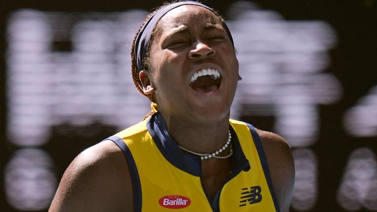 Coco Gauff of the U.S. celebrates after defeating Marta Kostyuk of Ukraine in their quarterfinal match at the Australian Open tennis championships at Melbourne Park, Melbourne, Australia, Tuesday, Jan. 23, 2024. (AP Photo/Andy Wong)