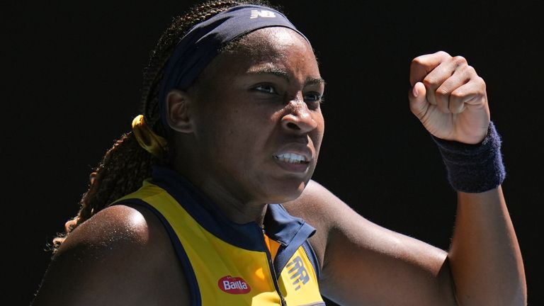 Coco Gauff of the U.S. reacts during her quarterfinal against Marta Kostyuk of Ukraine at the Australian Open tennis championships at Melbourne Park, Melbourne, Australia, Tuesday, Jan. 23, 2024. (AP Photo/Andy Wong)