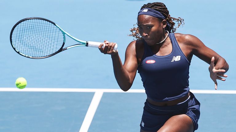 Coco Gauff of United States plays a forehand return to Brenda Fruhvirtova of Czech Republic at the ASB Tennis Classic in Auckland, New Zealand, Thursday, Jan. 4, 2024. (David Rowland/Photosport via AP)