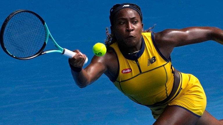 Coco Gauff of the U.S. plays a forehand return to compatriot Caroline Dolehide during their second round match at the Australian Open tennis championships at Melbourne Park, Melbourne, Australia, Wednesday, Jan. 17, 2024. (AP Photo/Andy Wong)
