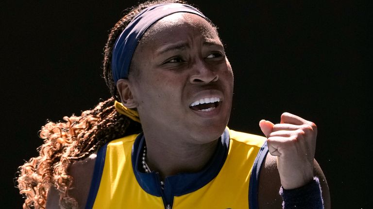 Coco Gauff of the U.S. celebrates after defeating compatriot Caroline Dolehide in their second round match at the Australian Open tennis championships at Melbourne Park, Melbourne, Australia, Wednesday, Jan. 17, 2024. (AP Photo/Andy Wong)
