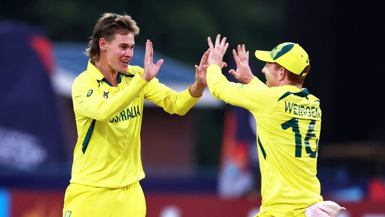 Australia's Tom Campbell celebrates the wicket of England's Tazeem Ali with team mate Hugh Weibgen