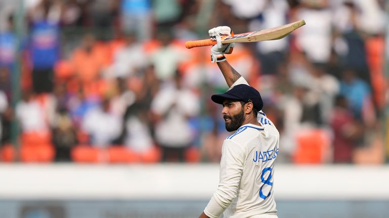 India's Ravindra Jadeja (81no) celebrates his half-century against England