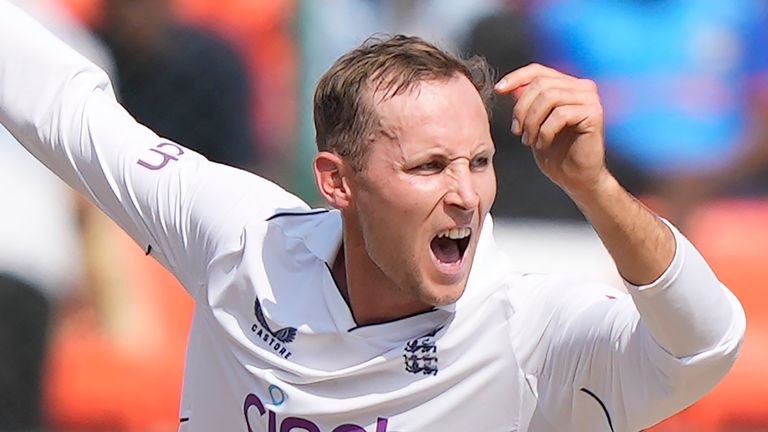 England&#39;s Tom Hartley reacts after bowling a delivery on the fourth day of the first cricket test match between England and India in Hyderabad, India, Sunday, Jan. 28, 2024.