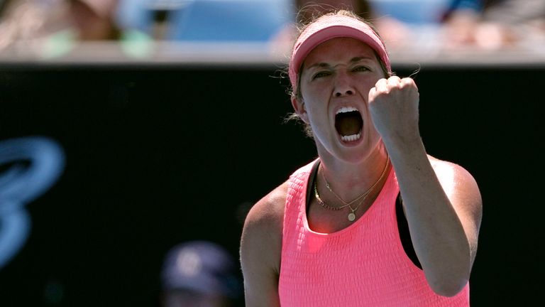 Danielle Collins of the U.S. reacts during her first round match against Angelique Kerber of Germany at the Australian Open tennis championships at Melbourne Park, Melbourne, Australia, Tuesday, Jan. 16, 2024. (AP Photo/Alessandra Tarantino)