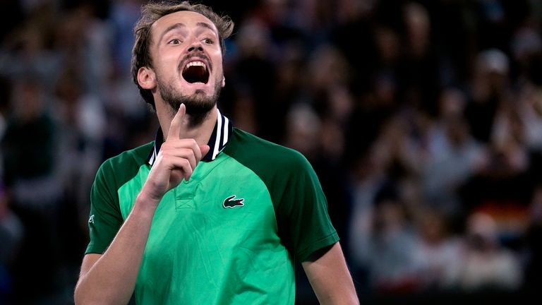 Daniil Medvedev of Russia celebrates after defeating Alexander Zverev of Germany in their semifinal at the Australian Open tennis championships at Melbourne Park, Melbourne, Australia, early Saturday, Jan. 27, 2024.(AP Photo/Andy Wong)