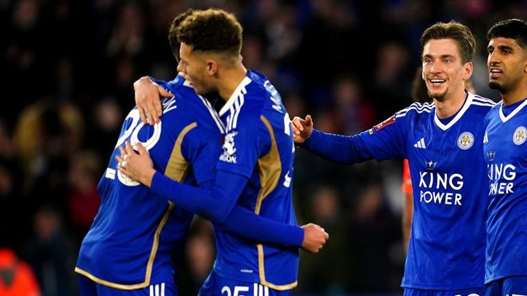 Leicester City's Dennis Praet (centre right) celebrates scoring their side's third goal of the game…