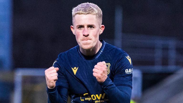 LIVINGSTON, SCOTLAND - JANUARY 27: Dundee's Luke McCowan celebrates after scoring to make it 2-0 during a cinch Premiership match between Livingston and Dundee at the Tony Macaroni Arena, on January 27, 2024, in Livingston, Scotland. (Photo by Paul Devlin / SNS Group)